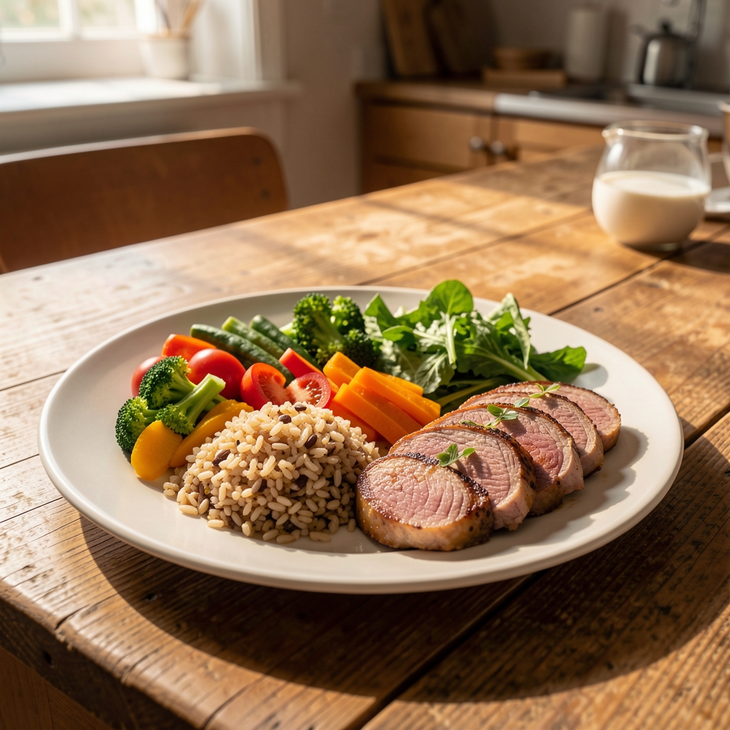 Carefully composed meal plate with measured portions of colourful vegetables, whole grains and lean protein on a wooden kitchen table under warm morning light