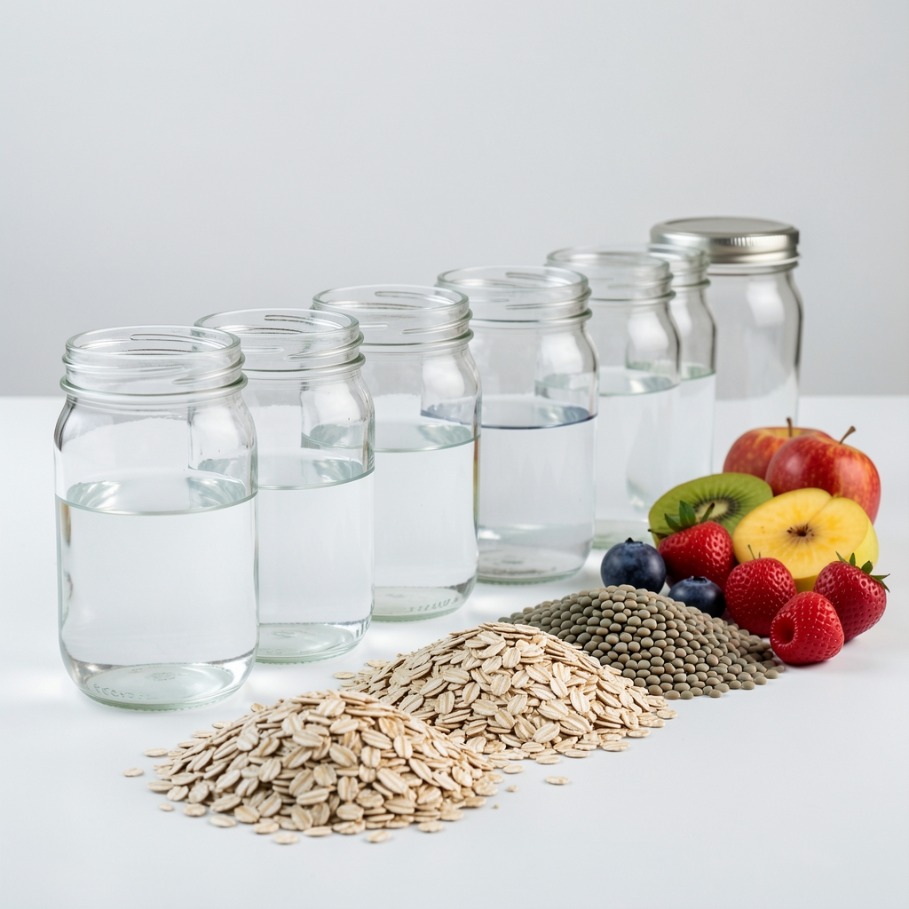 Lined up glass jars with measured water portions alongside a selection of high-fibre foods including oats, lentils, and whole fruit on a clean white surface